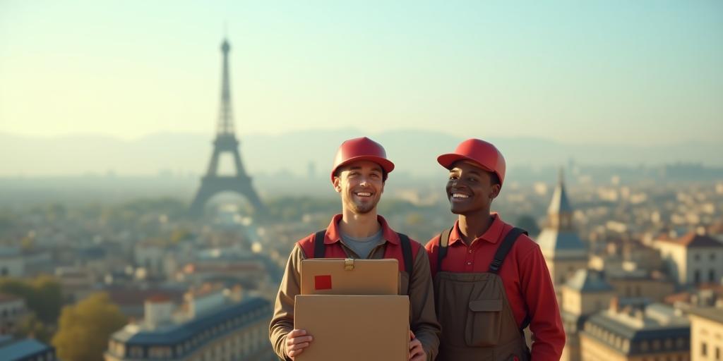 Courrier souriant avec fourgonnette, vue de Paris en arrière-plan.
