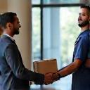 Coursier professionnel remet un colis à un client d’affaire.